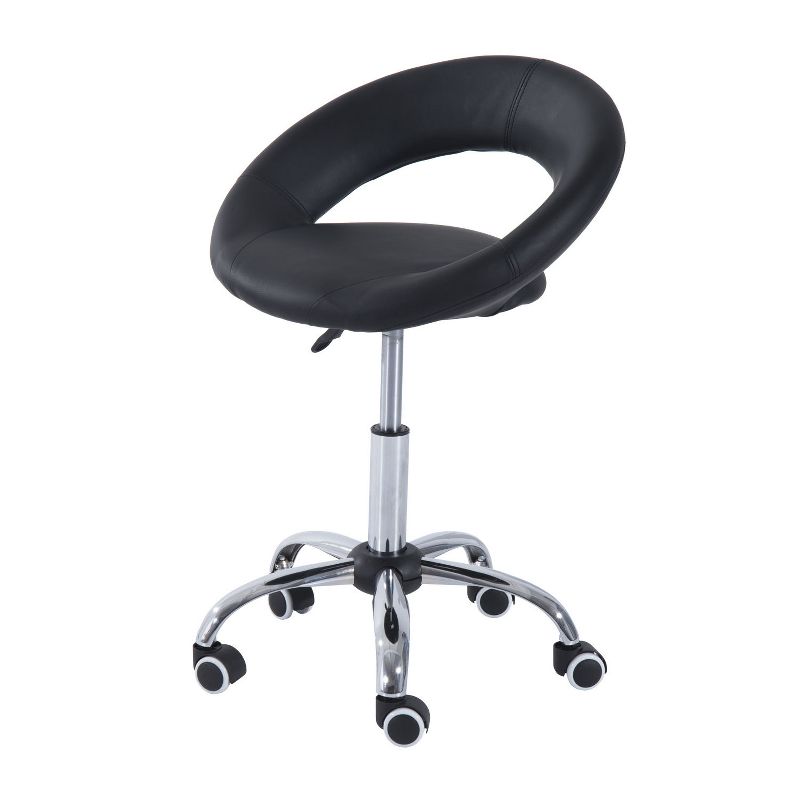 HOMCOM Crescent Rolling Salon Stool with Adjustable Height, Breathable Open Back, Foam Cushion Seat, and 5 Caster Wheels, Black, 1 of 9