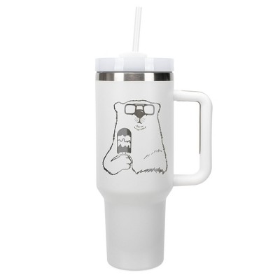 Elanze Designs 40 Ounce Travel Tumbler With Straw and Lid Stainless Steel Double Wall Insulated Ice Cream Polar Bear With Sunglasses White