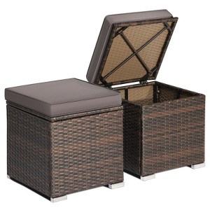 Tangkula 2 Pieces Patio Ottoman Outdoor Wicker Footstool Storage Box Side Table w/ Solid Metal Frame Additional Seating w/ Removable Cushions Beige/Off White/Red/Turquoise/Gray/Navy - 1 of 4