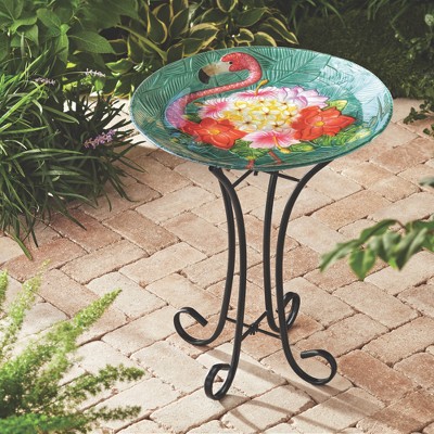 Tropical Flamingo Fusion Glass Birdbath with Metal Stand