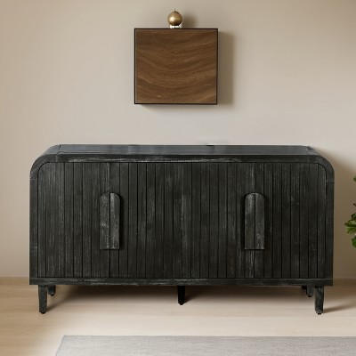 59'' Farmhouse Curved Vintage Storage Sideboard with Large Wooden Handles, Vertical Wood Grain Carving and Adjustable Shelves - Leovsnove