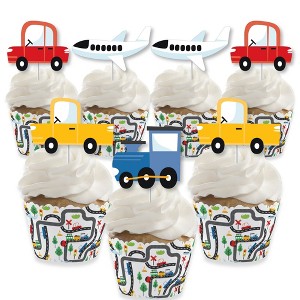 Big Dot of Happiness Cars, Trains, and Airplanes - Cupcake Decoration - Transportation Birthday Party Cupcake Wrappers and Treat Picks Kit - Set of 24 - 1 of 4