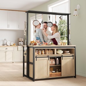 Kitchen Island , Bakers Rack with Sliding Barn Door 42'' Large Kitchen Island Table with 3-Tier Microwave Stand Oven Shelves Coffee Bar Table Set - 1 of 4