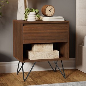 Sapphtopaz Modern Nightstand with 1 Drawer & Open Shelf Bedside Table with Metal Legs & Solid Wood Veneer Night Stand for Bedroom, Living Room - 1 of 4