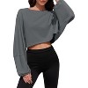 Comfort Cropped Sweatshirt with Long Balloon Sleeves Loose Fit Crew Neck Casual Workout Top - 3 of 4