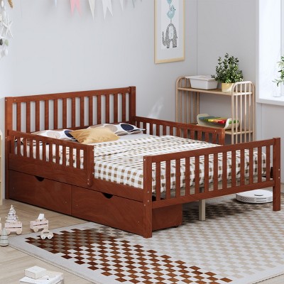 Wood Platform Bed with Guardrails and 2 Storage Drawers for Kids or Guest Room, No Box Spring Needed-Cuddlewood