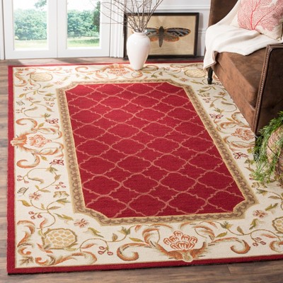 Burgundy and Ivory Hand-Hooked Wool Area Rug, 8' x 10'