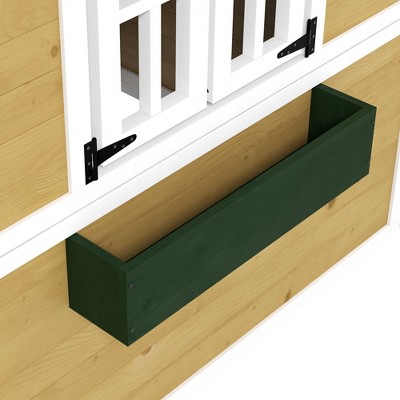 Beige Wooden Outdoor Playhouse with Red Roof and Planter Boxes