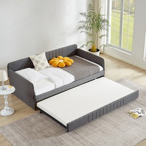 Twin Size Daybed with Trundle, Upholstered Sofa Bed Frame with Metal Slats, Platform Bed Frame, Single Daybed for Bedroom Living Room Guest Room - 1 of 4