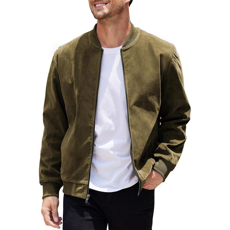 COOFANDY Men's Casual Varsity Jacket Vintage Lightweight Suede Bomber Jackets Army Green S