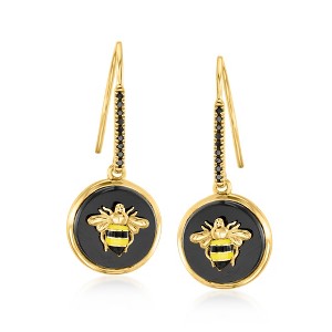 Ross-Simons Onyx and .10 ct. t.w. Black Spinel Bumblebee Drop Earrings With Black and Yellow Enamel in 18kt Gold Over Sterling - 1 of 3