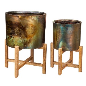 Evergreen Metallic Patina Planter With Wood Stand Set of 2 - 1 of 4