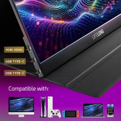 Lifelong 1920 x 1080 15.6" 1080P Portable Monitor G70-T: IPS, Built-In Speakers, 60Hz, HDMI & USB-C