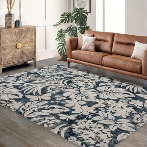 Washable Rug for Living Room, Non-Slip Modern Botanical Floral Leaf Area Rug, Stain-Resistant Indoor Foldable Print Carpet for Bedroom, Nursery - 1 of 4
