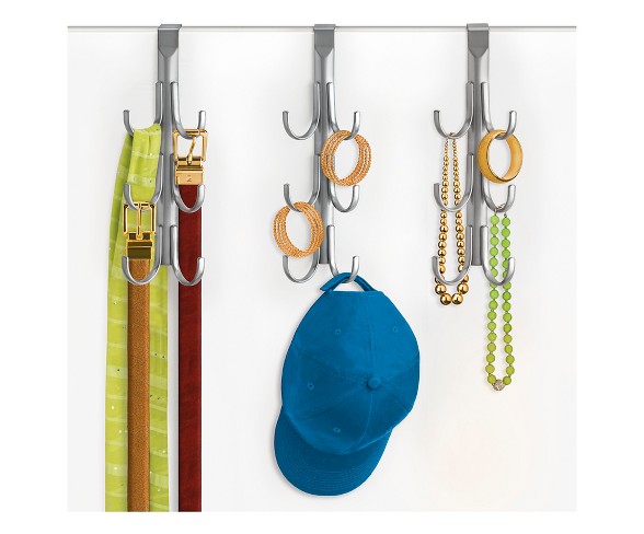 Lynk Over Door Accessory Hanger (Set of 2) - Vertical 6 Hook Rack - Platinum