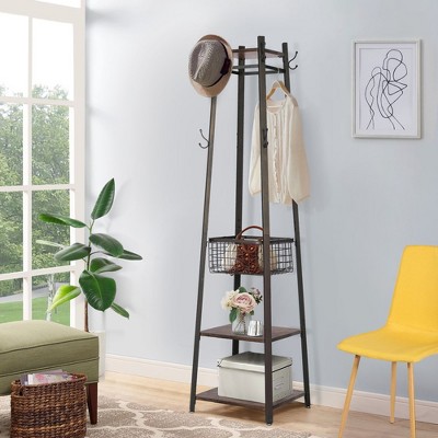 VECELO Freestanding Industrial Coat Rack with Metal Basket, 2 Shelves & 8 Dual Hooks – Entryway Hall Tree for Hats, Bags, and Scarves