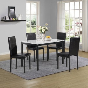 Roundhill Furniture Citico Metal Dinette Set with Laminated Faux Marble Top, White Table with Black Chairs, 5 Piece - 1 of 4