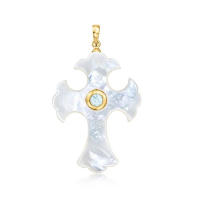 Ross-Simons Mother-Of-Pearl and .30 Carat Sky Blue Topaz Cross Pendant With 14kt Yellow Gold Size 1.63