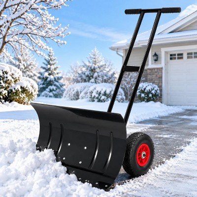 36 Inch Heavy Duty Wheeled Snow Shovel Pusher, Ergonomic U-Shape Handle ...