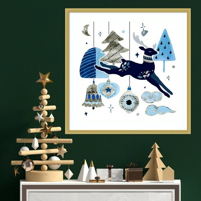 Festive Blue Reindeer Christmas Canvas Print with Gold Frame