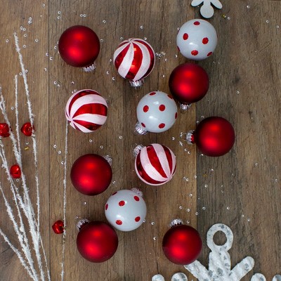 Red and White Glass Christmas Ball Ornament Set with Glitter, 1.75" (Set of 12)