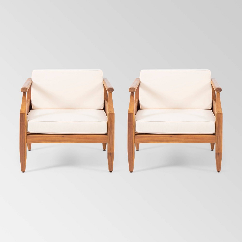 Aston 2pk Acacia Wood Mid Century Modern Club Chairs Teak Cream Christopher Knight Home