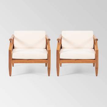 Aston 2pk Acacia Wood Mid-Century Modern Club Chairs - Teak/Cream - Christopher Knight Home