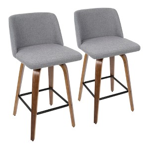 Mid-Century Modern 360¡ã Swivel Counter Stools with Bentwood Legs, Padded Seat and Backrest, and Square Footrest (Set of 2) for Kitchen - 1 of 4