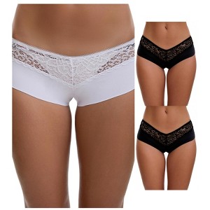 INSPIRE CHIC Women's Lace Ice Silk Hollow Out Mid Rise Comfort Boyshorts  Briefs 3 Packs - 1 of 4