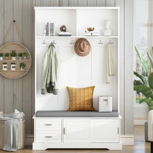 Entryway Mudroom Hall Tree with Sliding Doors, Cushioned Shoe Bench & 6 Hooks, 47"W  x 78"H Modern Organizer-3irtyhousy - 1 of 4