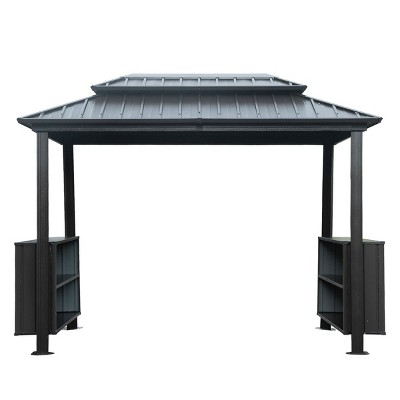 6×10 FT Hardtop Gazebo, Outdoor Gazebo with Double Galvanized Steel Roof, Patio Grill Canopy with 2 Cabinets and Ceiling Hooks-Coolbibila