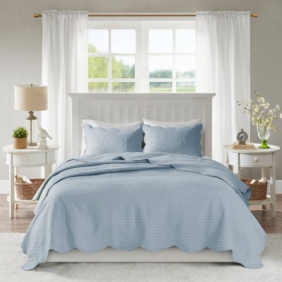 Blue Full Microfiber Reversible Scalloped Edge Quilt Set