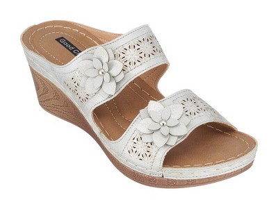 GC Shoes Cie Double Band Perforated Flower Comfort Slide Wedge Sandals