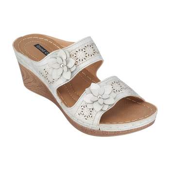 GC Shoes Cie Double Band Perforated Flower Comfort Slide Wedge Sandals