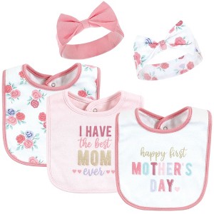 Hudson Baby Infant Girl Cotton Bib and Headband or Caps Set, Mothers Day, 0-9 Months - 1 of 4