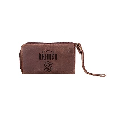 Evergreen NHL Seattle Kraken Brown Leather Women's Wristlet Wallet Officially Licensed with Gift Box