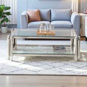 47" Wide Steel Coffee Table with Double Glass Layers - 1 of 4