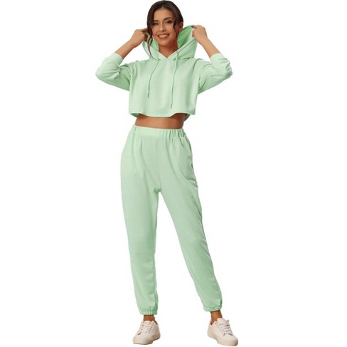 cheibear Womens 2 Piece Outfits Sweatsuit Outfits Hooded Crop Sweatshirt  and Jogger Tracksuit Set Green Medium