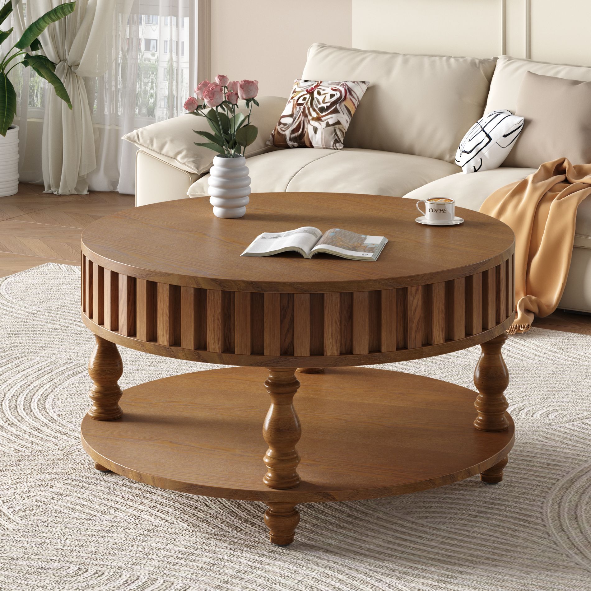 Round Coffee Table Storage Cocktail Table Center Table Sofa Side Table Fluted Accent Table with Flip-Top Lid, Walnut Brown - ModernLuxe