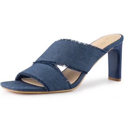 Perphy Women's Open Toe Slip-On Block Heel Denim Slide Mules Sandals ...