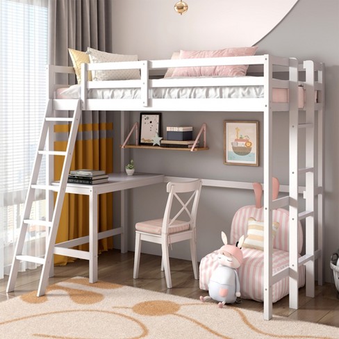 Costway Twin Loft Bed Frame w Desk Angled and Built in Ladder Solid Wooden Frame White