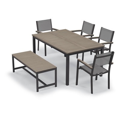 Travira 5pc Patio Set with 63" Vintage Tekwood Rectangular Dining Table, Bench & Arm Chairs - Oxford Garden