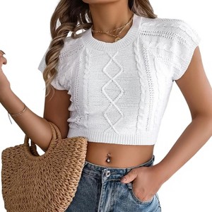 Coolmee Womens Cap Sleeve Crop Tops Summer Crew Neck Lightweight Knit Sweater Tank Tops - 1 of 4