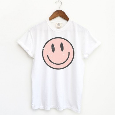 Simply Sage Market Women's Pink Smiley Face Grunge Short Sleeve Garment Dyed Tee