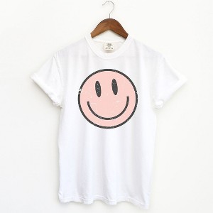 Simply Sage Market Women's Pink Smiley Face Grunge Short Sleeve Garment Dyed Tee - 1 of 3