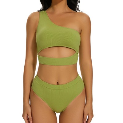 Women's 2025 Summer High Waisted Bikini Set One Shoulder Sleeveless Swimsuits 2 Piece Cutout Crop Top Beach Bathing Suit Solid Tummy Control Swimwear