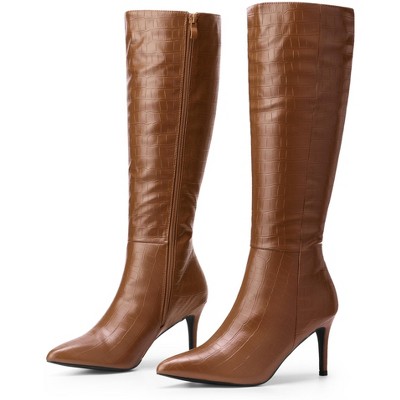 Perphy Women's Stone Pattern Pointy Toe Stiletto Heel Knee High Boots