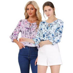 INSPIRE CHIC Women's Floral Bow Tie Neck Vintage 3/4 Sleeve Blouse 2 Packs - 1 of 4