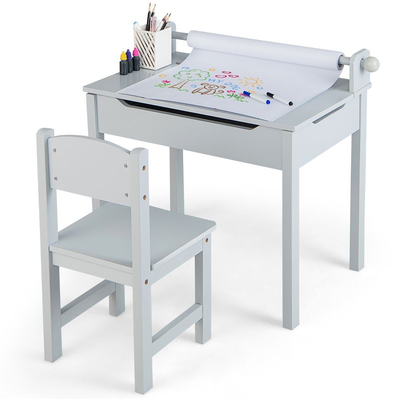 Costway Toddler Craft Table & Chair Set Kids Art Crafts Table withPaper Roll Holder Grey/White, 1 of 11