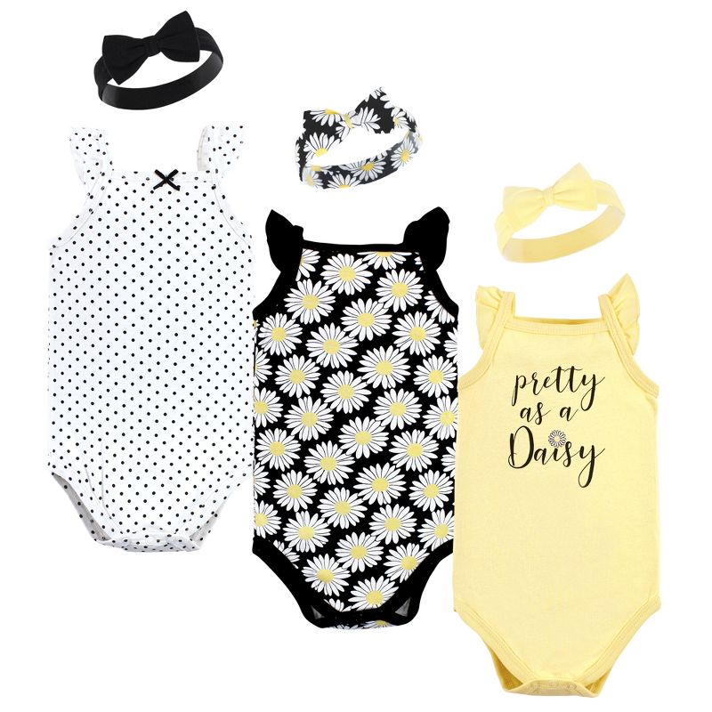 Hudson Baby Infant Girl Sleeveless Bodysuit and Headband Set, Black Daisy, 1 of 7